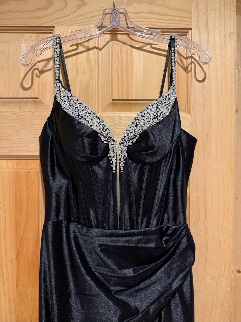 Sherri Hill Black Satin Prom Dress with Crystal Embellished Neckline